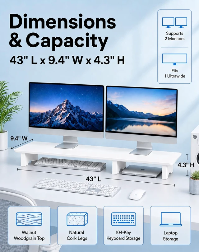 Alt view image 2 of 5 - Aothia 43 in White Dual Monitor Stand, Monitor Riser for Desk, Solid Wood
