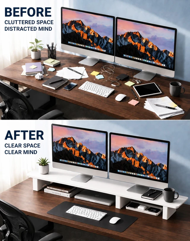 Alt view image 3 of 5 - Aothia 43 in White Dual Monitor Stand, Monitor Riser for Desk, Solid Wood