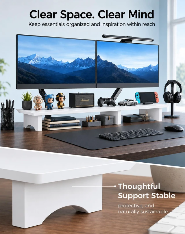 Alt view image 5 of 5 - Aothia 43 in White Dual Monitor Stand, Monitor Riser for Desk, Solid Wood