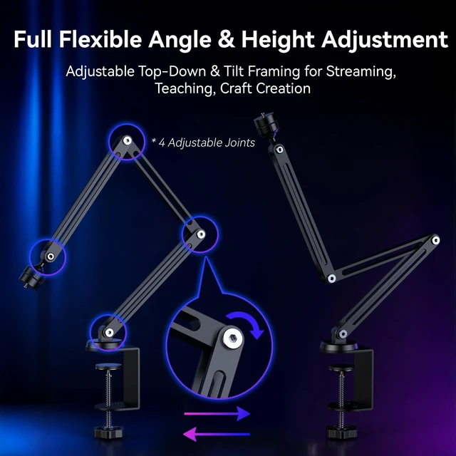 Alt view image 3 of 5 - EMEET S600L 4K Webcam with Adjustable Desktop Overhead Stand, 4 Lighting Modes, Rainbow Effect, 1/2" Sensor, 0.2S PDAF, 2 Mics, Dial Control, 4K Webcam with Tripod for OBS/Twitch/YouTube/Zoom/PC/Mac