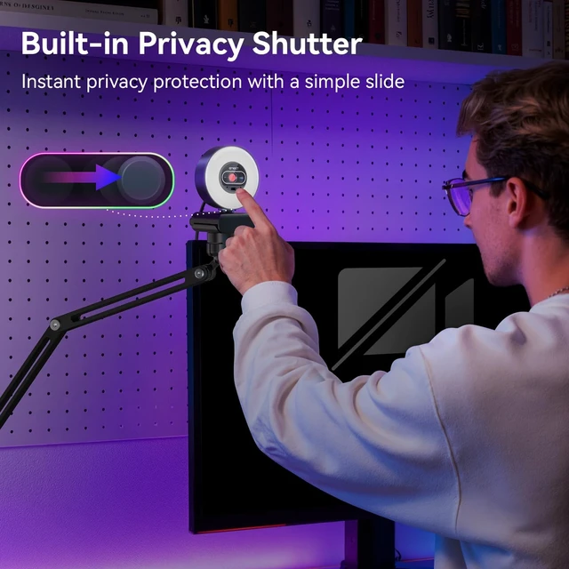 Alt view image 5 of 5 - EMEET S600L 4K Webcam with Adjustable Desktop Overhead Stand, 4 Lighting Modes, Rainbow Effect, 1/2" Sensor, 0.2S PDAF, 2 Mics, Dial Control, 4K Webcam with Tripod for OBS/Twitch/YouTube/Zoom/PC/Mac