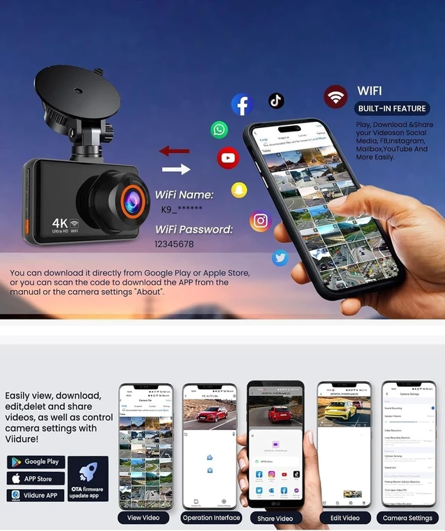 Alt view image 3 of 5 - Dash Cam Front and Rear, 4K HD Dash Cam for Cars Built-in WiFi, Car Camera with Night Vision, 64GB Card, 170Wide Angle, WDR, 3" IPS Screen, Loop Recording, G-Sensor, 24 H P Monit