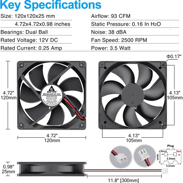 Alt view image 3 of 5 - GDSTIME 120mm 12V Computer Fan 2 Pin Dual Ball Bearing DC Cooling, 2-Pack