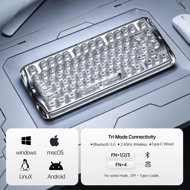 Alt view image 2 of 5 - CoolKiller CK75SE Transparent Mechanical Keyboard with Ice Crystal Keycaps, RGB Backlit Wireless Keyboard, Hot Swappable Gasket Mounted Keyboard for Windows/Mac, Glacier Silver