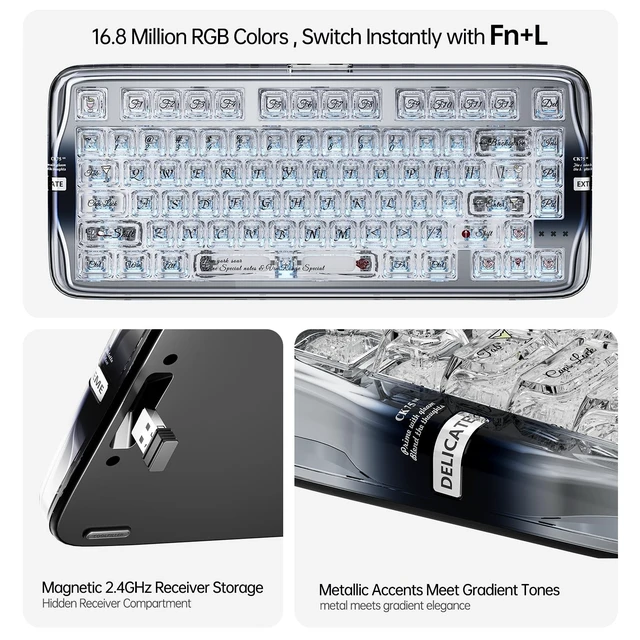 Alt view image 3 of 5 - CoolKiller CK75SE Transparent Mechanical Keyboard with Ice Crystal Keycaps, RGB Backlit Wireless Keyboard, Hot Swappable Gasket Mounted Keyboard for Windows/Mac, Glacier Silver