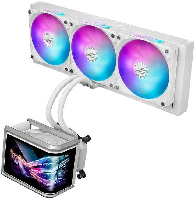 Main image of ASUS ROG RYUO IV SLC 360 ARGB White Edition All-in-one CPU Liquid Cooler, Shortened tubing for Clean Aesthetic, Movable Curved 6.67-inch Display, 6 Year Warranty