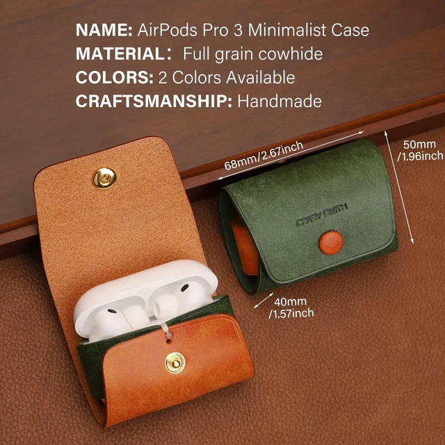 Alt view image 2 of 5 - Handmade Cowhide Suitable for AirPods Pro 3 Protective Case, Full Grain Leather, Minimalist Design, with Lanyard Compatible(Minimalist Style Green)