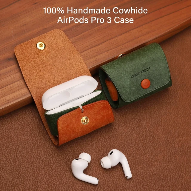 Alt view image 5 of 5 - Handmade Cowhide Suitable for AirPods Pro 3 Protective Case, Full Grain Leather, Minimalist Design, with Lanyard Compatible(Minimalist Style Green)