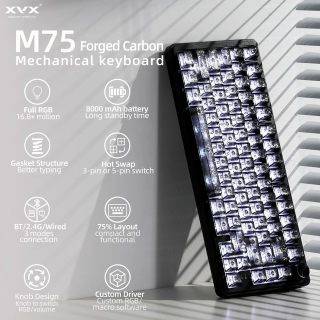 Alt view image 2 of 5 - HITIME XVX M75 75% Wireless Gaming Mechanical Keyboard, BT5.0/2.4GHz/USB-C,Hot Swappable Creamy Switches, Gasket Structure,RGB Backlit Keyboard w/Knob for PC/Laptop/Xbox/PS4/PS5, Black Forged C