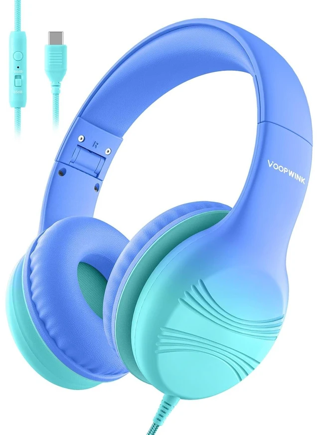 Main image of Voopwink USB Type C Kids Headphones, Wired Headphones for Kids with Microphone 85/94dB Volume Limit, Stereo Sound Portable Over Ear Headphones for School/Travel/Tablet/iPad, Gradient Blue