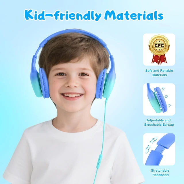 Alt view image 5 of 5 - Voopwink USB Type C Kids Headphones, Wired Headphones for Kids with Microphone 85/94dB Volume Limit, Stereo Sound Portable Over Ear Headphones for School/Travel/Tablet/iPad, Gradient Blue