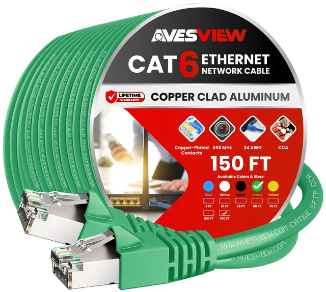 Main image of AvesView CAT 6 Shielded Ethernet Cable 150 FT, Indoor High-Speed (SFTP) 10Gbps Snagless Shielded 150FT Ethernet Cable for Internet, Router, Computer, PlayStation, Xbox, POE Camera, Printer - Green