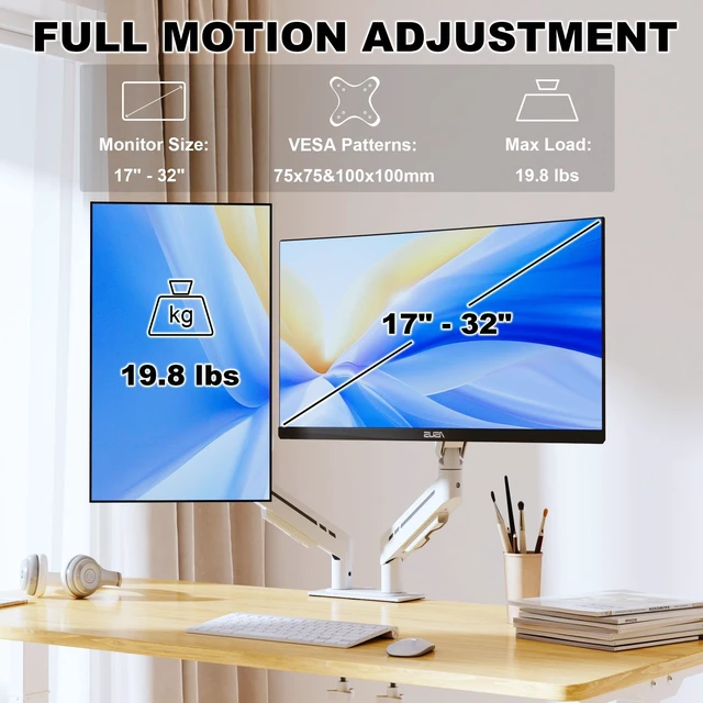 Alt view image 2 of 5 - THEARK Dual Monitor Stand for Desk - Dual Monitor Mount for 17-32 Inch Screens,Height Adjustable Dual Monitor Arm Desk Mount with Clamp and Grommet Base,75x75/100x100mm VESA Mount,Max 19.8 lbs,White