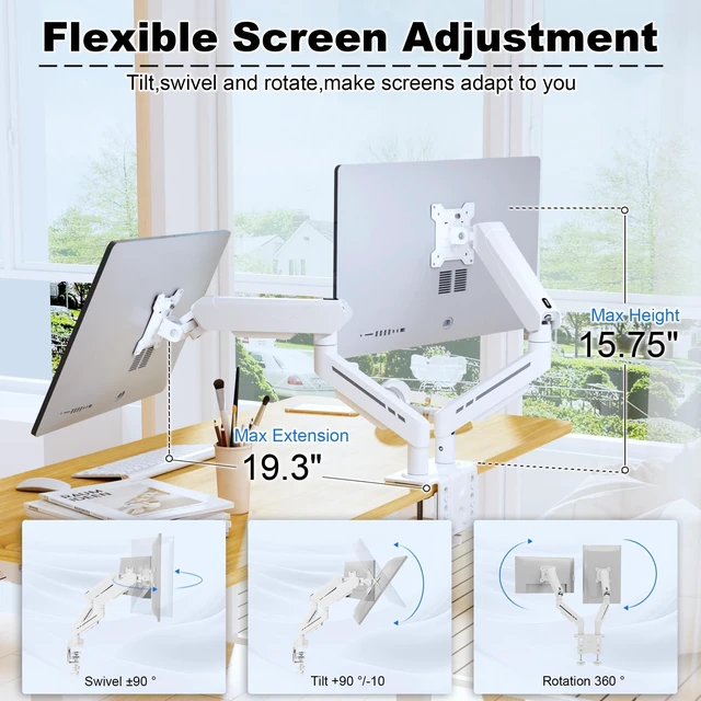 Alt view image 3 of 5 - THEARK Dual Monitor Stand for Desk - Dual Monitor Mount for 17-32 Inch Screens,Height Adjustable Dual Monitor Arm Desk Mount with Clamp and Grommet Base,75x75/100x100mm VESA Mount,Max 19.8 lbs,White