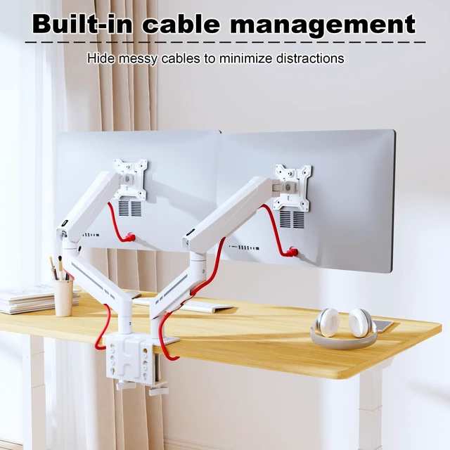 Alt view image 4 of 5 - THEARK Dual Monitor Stand for Desk - Dual Monitor Mount for 17-32 Inch Screens,Height Adjustable Dual Monitor Arm Desk Mount with Clamp and Grommet Base,75x75/100x100mm VESA Mount,Max 19.8 lbs,White