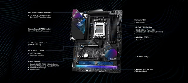 Alt view image 3 of 5 - ASRock Phantom Gaming X870 Riptide WiFi 7 AMD Ryzen Socket AM5 ATX Motherboard DDR5 DIMMs 8000 MHz 256 GB USB4 M.2 SATA3 6.0 Gb/s
