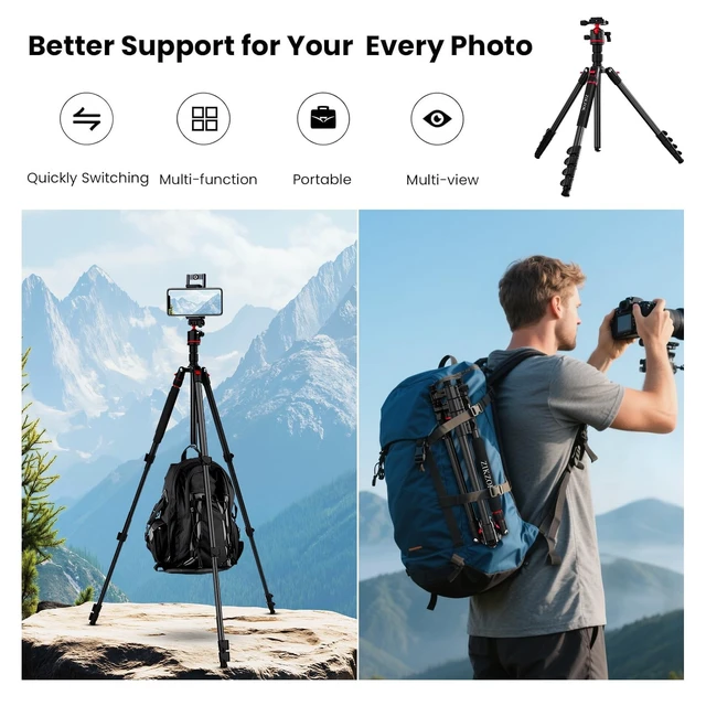 Alt view image 5 of 5 - Camera Tripod, Lightweight Travel Outdoor DSLR Tripods Aluminum Tripod/Monopod, 360Ball Head Detachable, Tripod for iPhone, ipad, DSLR,Tablet with Carry Bag
