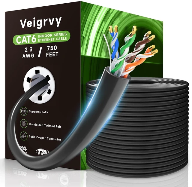 Main image of Veigrvy Cat 6 Bulk Ethernet Cable 750 ft, 23AWG Solid Bare Copper, High Speed Cat6 Network LAN Cable with RJ45 Connector, 550MHz 10Gbps, PoE+, UTP, Compatible with Router, Modem, Gaming, PC, Black