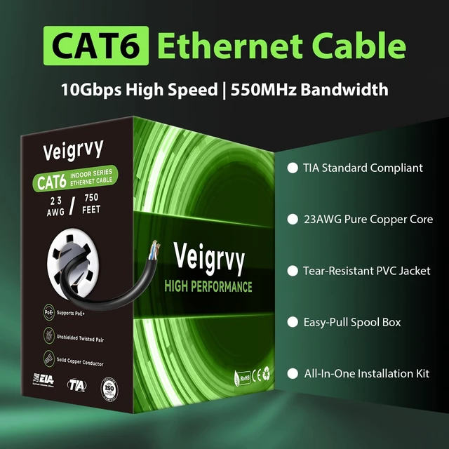 Alt view image 4 of 5 - Veigrvy Cat 6 Bulk Ethernet Cable 750 ft, 23AWG Solid Bare Copper, High Speed Cat6 Network LAN Cable with RJ45 Connector, 550MHz 10Gbps, PoE+, UTP, Compatible with Router, Modem, Gaming, PC, Black