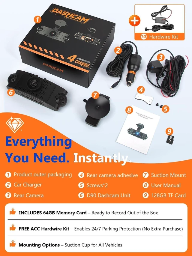 Alt view image 2 of 5 - Wadpon 360 Dash Cam Front and Rear Inside, 4 Channel Dash Came with Front 4K+1080P*3 Dash Camera for Cars Support Night Vision, 24H Parking Mode, GPS Track, Wi-Fi, with 128GB TF Card (D90-G4)