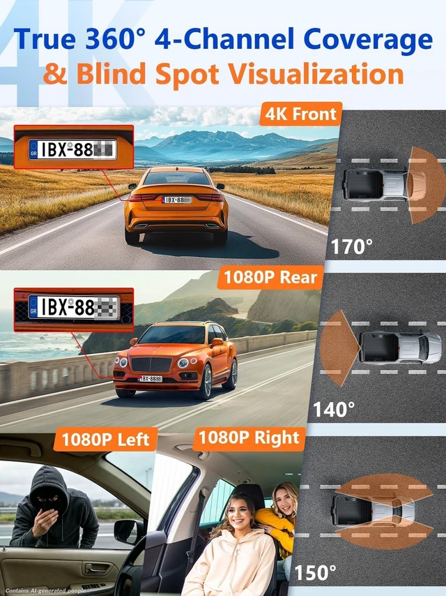 Alt view image 3 of 5 - Wadpon 360 Dash Cam Front and Rear Inside, 4 Channel Dash Came with Front 4K+1080P*3 Dash Camera for Cars Support Night Vision, 24H Parking Mode, GPS Track, Wi-Fi, with 128GB TF Card (D90-G4)