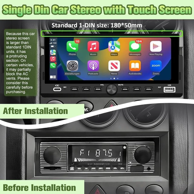 Alt view image 2 of 5 - Pyniro Single Din Radio Car Stereo with Wireless CarPlay & Android Auto