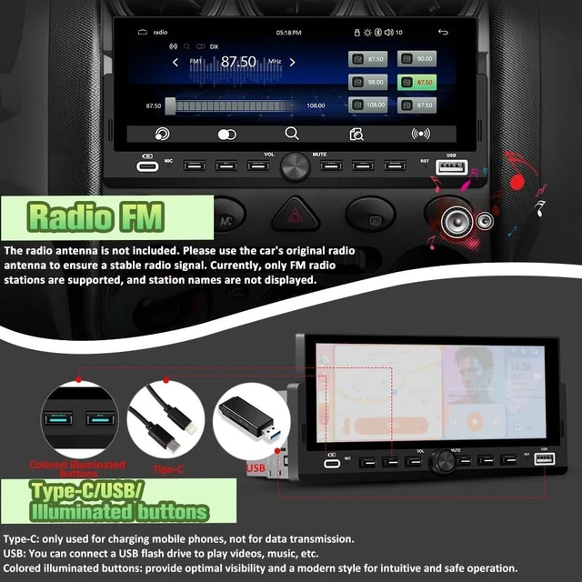 Alt view image 5 of 5 - Pyniro Single Din Radio Car Stereo with Wireless CarPlay & Android Auto