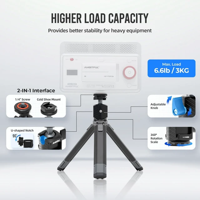 Alt view image 2 of 5 - AMBITFUL GT-07 Mini Tripod,360 Ball Head,Cold Shoe 1/4" Screw