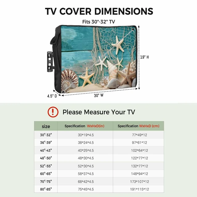 Alt view image 2 of 5 - Jimehezon Ocean Marine Outdoor TV Cover 36 to 39 Inches Vintage Shell Starfish Blue Wood Grain Weatherproof&Waterproof TV Covers with Remote Control Pocket, Screen Protectors for Outside