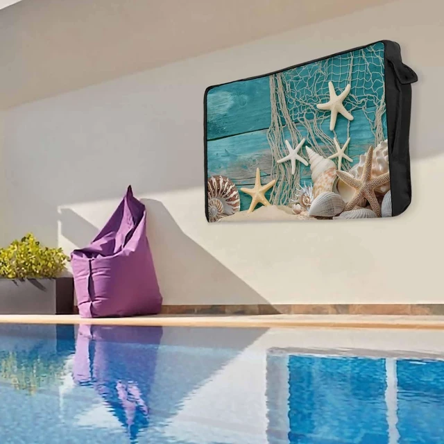 Alt view image 5 of 5 - Jimehezon Ocean Marine Outdoor TV Cover 36 to 39 Inches Vintage Shell Starfish Blue Wood Grain Weatherproof&Waterproof TV Covers with Remote Control Pocket, Screen Protectors for Outside