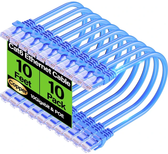 Main image of TuokaJu Cat6 Ethernet Cable 10Gbps 10 ft (10 Pack), UTP Ethernet Cable Cat 6, Flexible Bare Copper Cat6 Cable, Cat 6 Network Cable for Server, Data Center, Blue