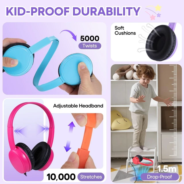 Alt view image 2 of 5 - Wensdo 20 Pack Kids Wired Headphones for School Classroom, Durable On-Ear Headsets Bulk Set with 3.5mm Audio Jack for Chromebook, Tablet, Laptop, Classroom Supplies - Assorted Colors