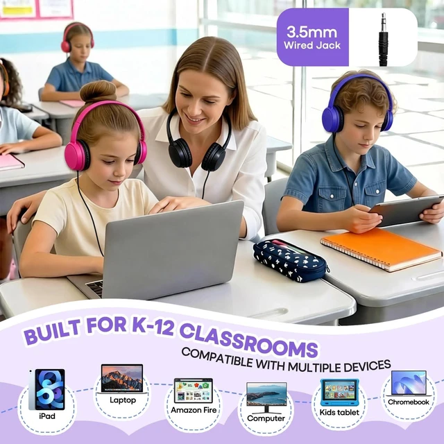 Alt view image 5 of 5 - Wensdo 20 Pack Kids Wired Headphones for School Classroom, Durable On-Ear Headsets Bulk Set with 3.5mm Audio Jack for Chromebook, Tablet, Laptop, Classroom Supplies - Assorted Colors