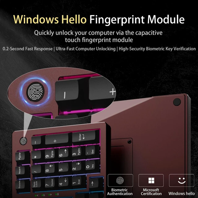 Alt view image 4 of 5 - Sequin XQT FH98 Aluminum Mechanical Keyboard with USB-C Hub, Fingerprint Reader for Windows 10/11 Hello,Full Size,Docking Station with 4K HDMI,USB 3.0,PD100W,Triple-Mode,Anodized Burgundy