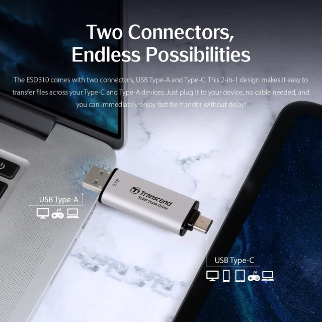 Alt view image 3 of 5 - Transcend 512GB ESD310 Dual Portable SSD 1050MB/s USB-A+C, Thumb Drive