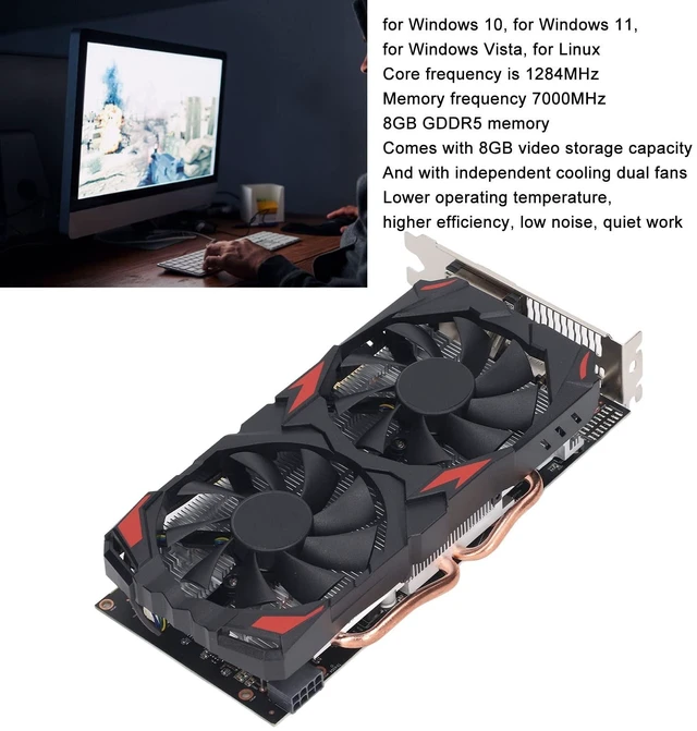 Alt view image 5 of 5 - RX580 8GB GDDR5 Graphics Card, 256Bit 1284MHz Core Frequency PCI Express 3.0 Gaming GPU with Cooling Fans, for PC