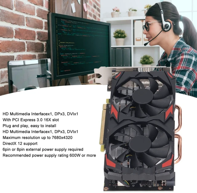Alt view image 4 of 5 - RX580 8GB GDDR5 Graphics Card, 256Bit 1284MHz Core Frequency PCI Express 3.0 Gaming GPU with Cooling Fans, for PC