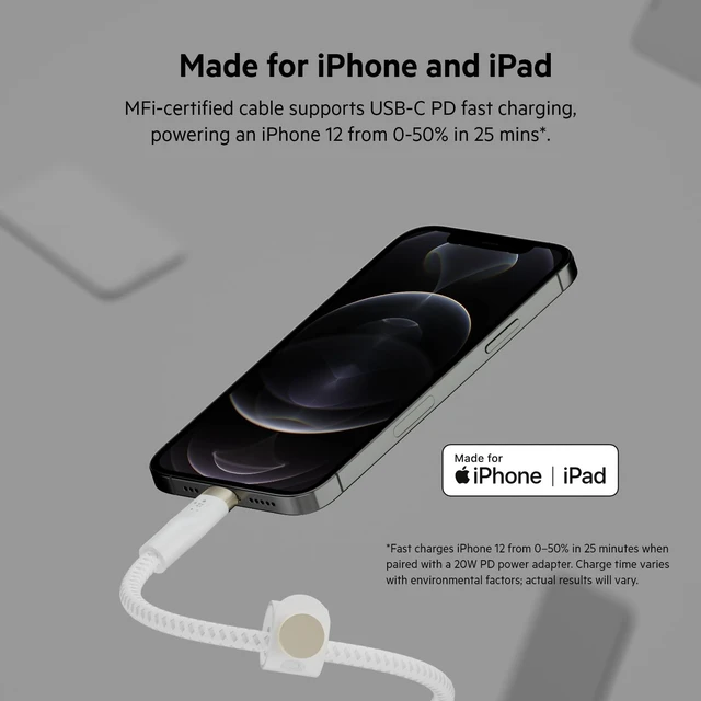 Alt view image 3 of 5 - Belkin USB C to Lightning Braided Cable 9.9ft Fast iPhone Charger Cord