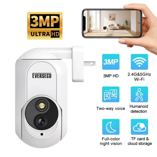 Alt view image 2 of 5 - EVERSECU 2K Plug&Play Wireless PTZ Security Camera, Built-in Power Outlet Plug, Motion detction, Humanoid Auto Tracking, 2-Way Audio, Spotlight Color Night Vision, Supports ONVIF & RTSP & Alexa