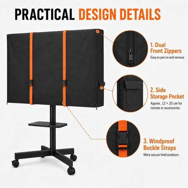 Alt view image 3 of 5 - STARTWO Outdoor TV Stand Cover for 45-58 Inch TVs, Waterproof Rolling TV Cart Cover with Zipper, Side Pocket & Windproof Buckle Straps, 57" L x 7" W x 31" H, Black
