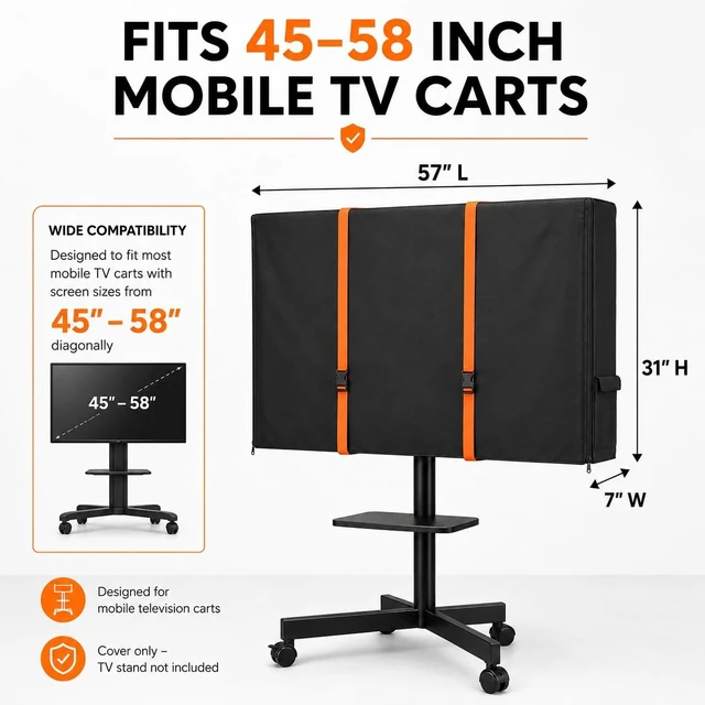 Alt view image 4 of 5 - STARTWO Outdoor TV Stand Cover for 45-58 Inch TVs, Waterproof Rolling TV Cart Cover with Zipper, Side Pocket & Windproof Buckle Straps, 57" L x 7" W x 31" H, Black