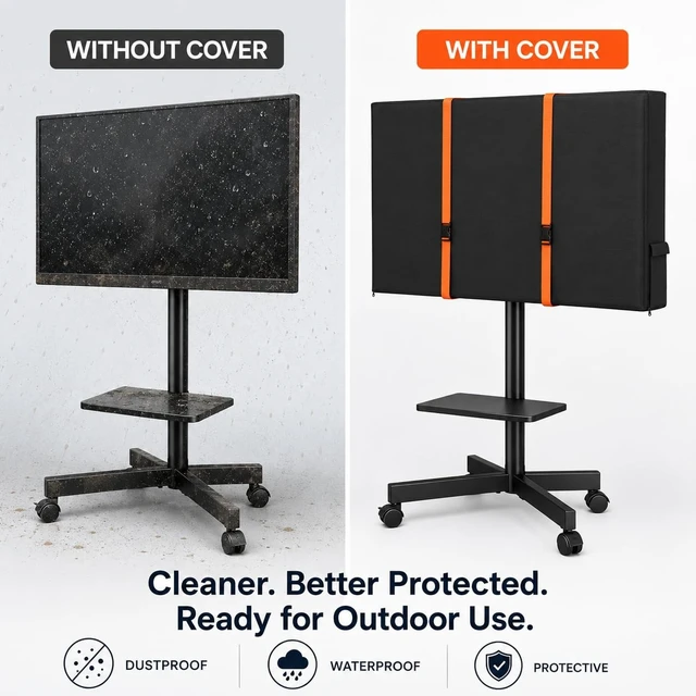 Alt view image 5 of 5 - STARTWO Outdoor TV Stand Cover for 45-58 Inch TVs, Waterproof Rolling TV Cart Cover with Zipper, Side Pocket & Windproof Buckle Straps, 57" L x 7" W x 31" H, Black