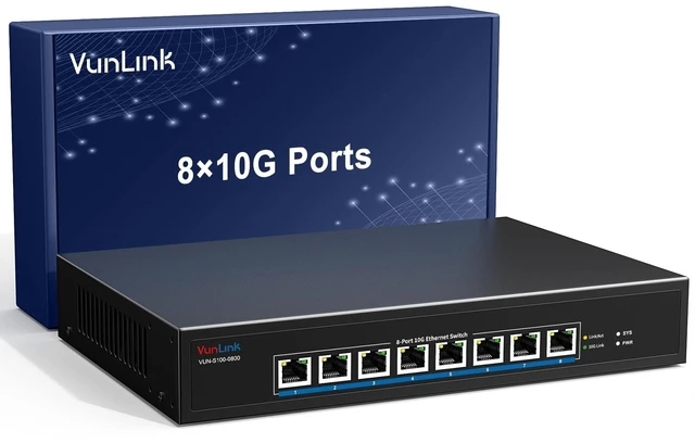 Main image of 8-Port 10Gb RJ45 Ethernet Switch Unmanaged, VunLink 10GBase-T Multi-Gig (10G/5G/2.5G/1G) Network Switch, 160Gbps Capacity, 19-inch Rackmount, for 10G NAS, Server, PC, Workstation