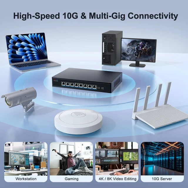 Alt view image 2 of 5 - 8-Port 10Gb RJ45 Ethernet Switch Unmanaged, VunLink 10GBase-T Multi-Gig (10G/5G/2.5G/1G) Network Switch, 160Gbps Capacity, 19-inch Rackmount, for 10G NAS, Server, PC, Workstation