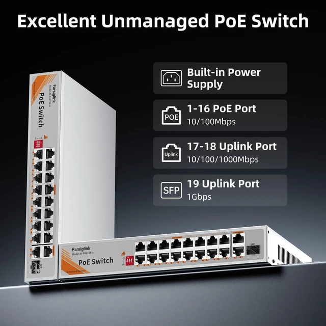 Alt view image 2 of 5 - Farsiglink 16 Port PoE Switch with 2 Gigabit Uplink & 1 SFP Slot