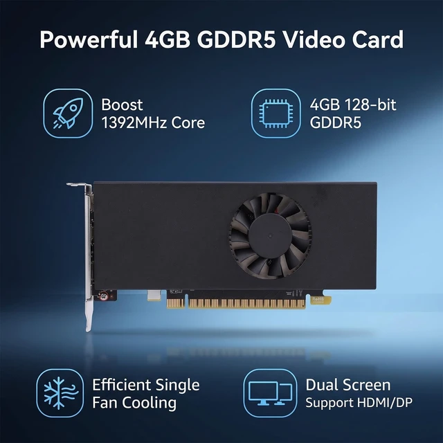 Alt view image 4 of 5 - Wisoqu Graphics Card, 4G GDDR5 128 Bit 1291MHz Boost 1392MHz 1752MHz PCI Express 3.0 x16 Video Card, with Cooling Fan for 7 8 10 11 and Dual Screen Output