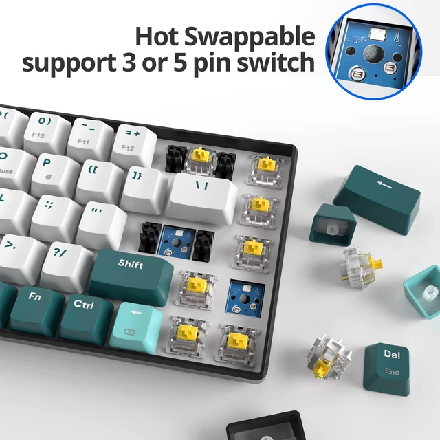 Alt view image 4 of 5 - Ussixchare Wireless Gaming Keyboard, 65% Hot Swappable Mechanical Keyboard with RGB Backlit, Yellow Switch, PBT Keycaps Tri-Mode 2.4G/Bluetooth 5.0/Type-C for PC Laptop Gamer(68 Forest)
