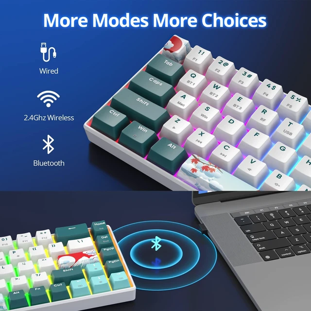 Alt view image 2 of 5 - Ussixchare Wireless Gaming Keyboard, 65% Hot Swappable Mechanical Keyboard with RGB Backlit, Yellow Switch, PBT Keycaps Tri-Mode 2.4G/Bluetooth 5.0/Type-C for PC Laptop Gamer(68 Forest)