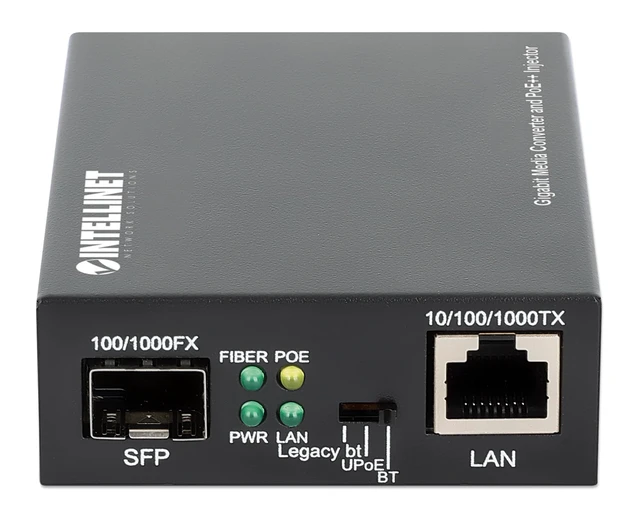 Alt view image 3 of 5 - Intellinet Gigabit Media Converter with PoE++ Injector, 90W, SFP Slot