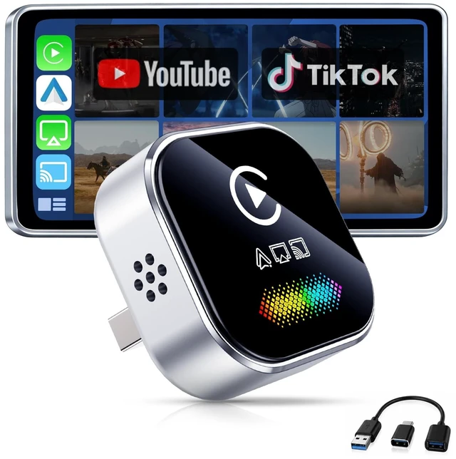 Main image of Wireless CarPlay Adapter for iPhone 2027 Upgraded 4-in-1 Dongle with AirPlay & Screen Mirroring, Low Latency, 5-Second Auto Connect for Wired Cars, Includes USB A/CSilvery